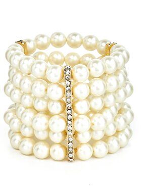KENNETH JAY LANE, 6 ROW PEARL STRETCH BRACELET WITH 3 CRYSTAL BAR STATIONS